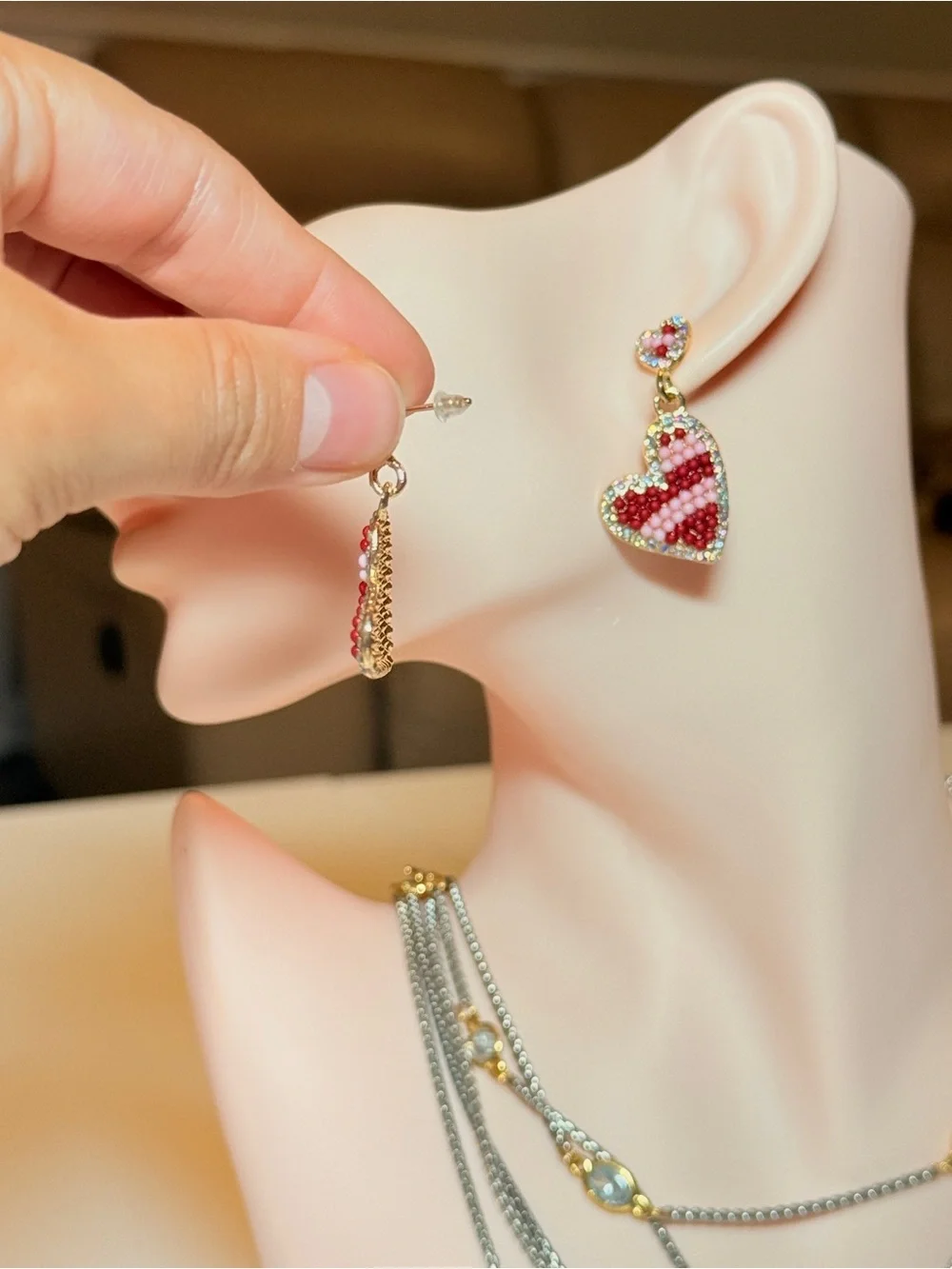 Gold-Tone Red Beaded Heart Drop Earrings